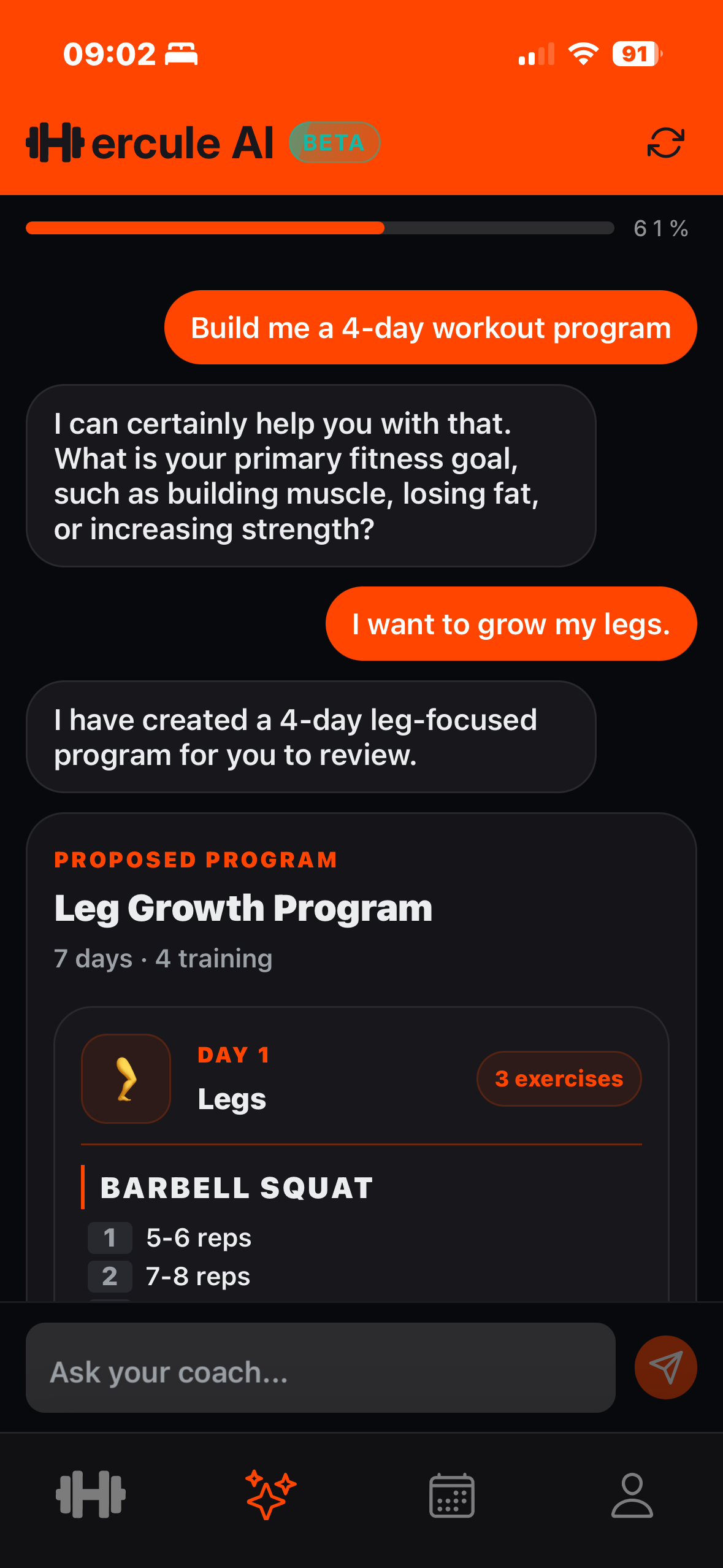 Hercule AI beta conversation proposing a structured Leg Growth Program with exercises, sets, and rep ranges