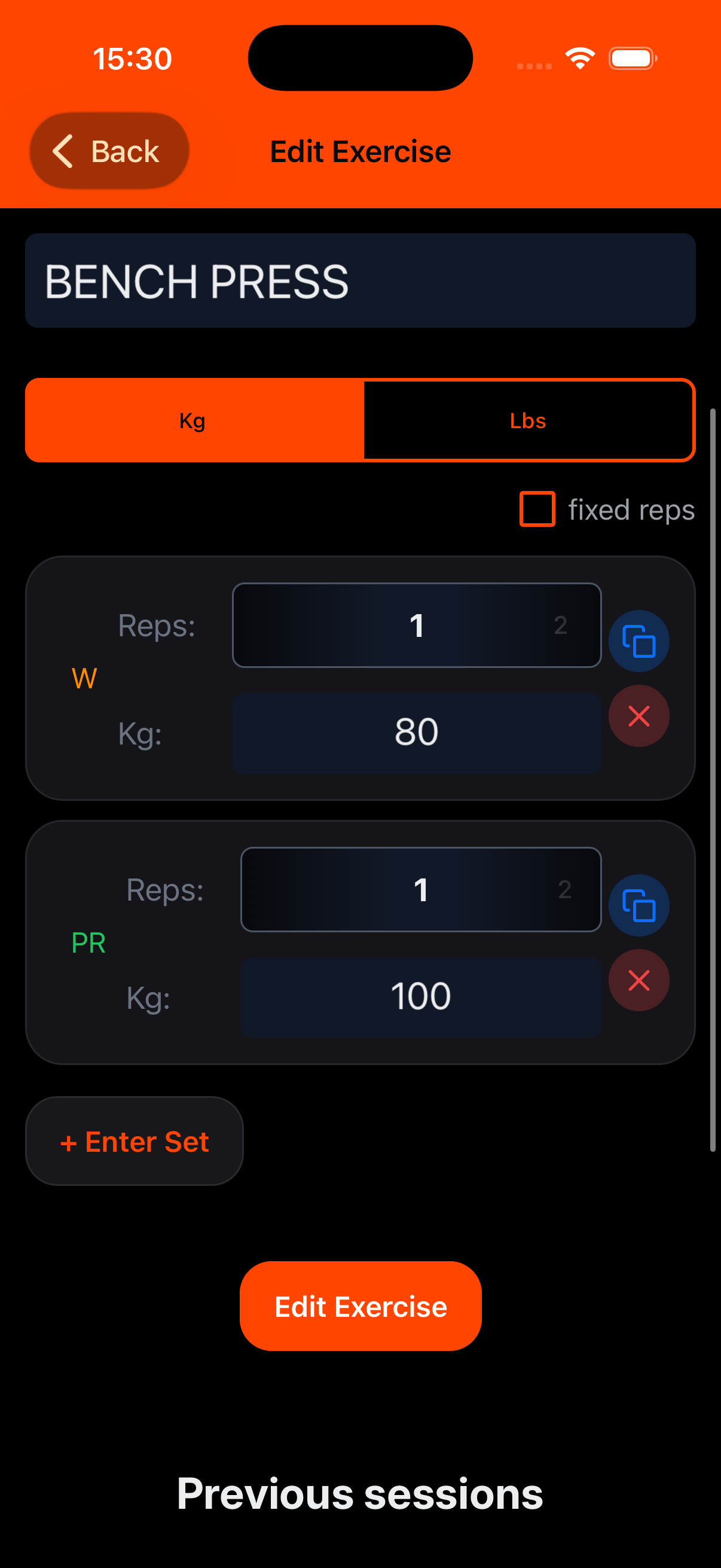 Edit exercise screen