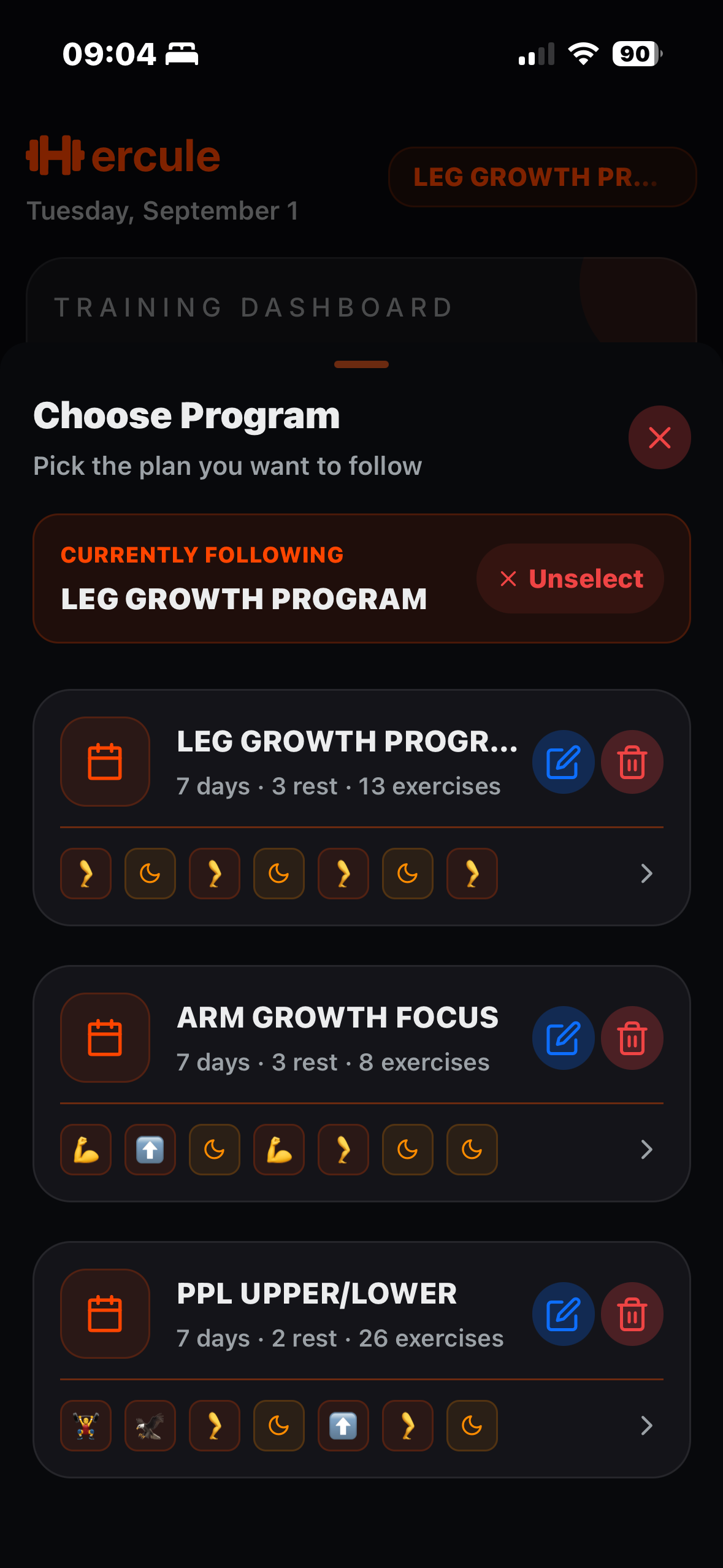 Choose Program screen with saved workout programs